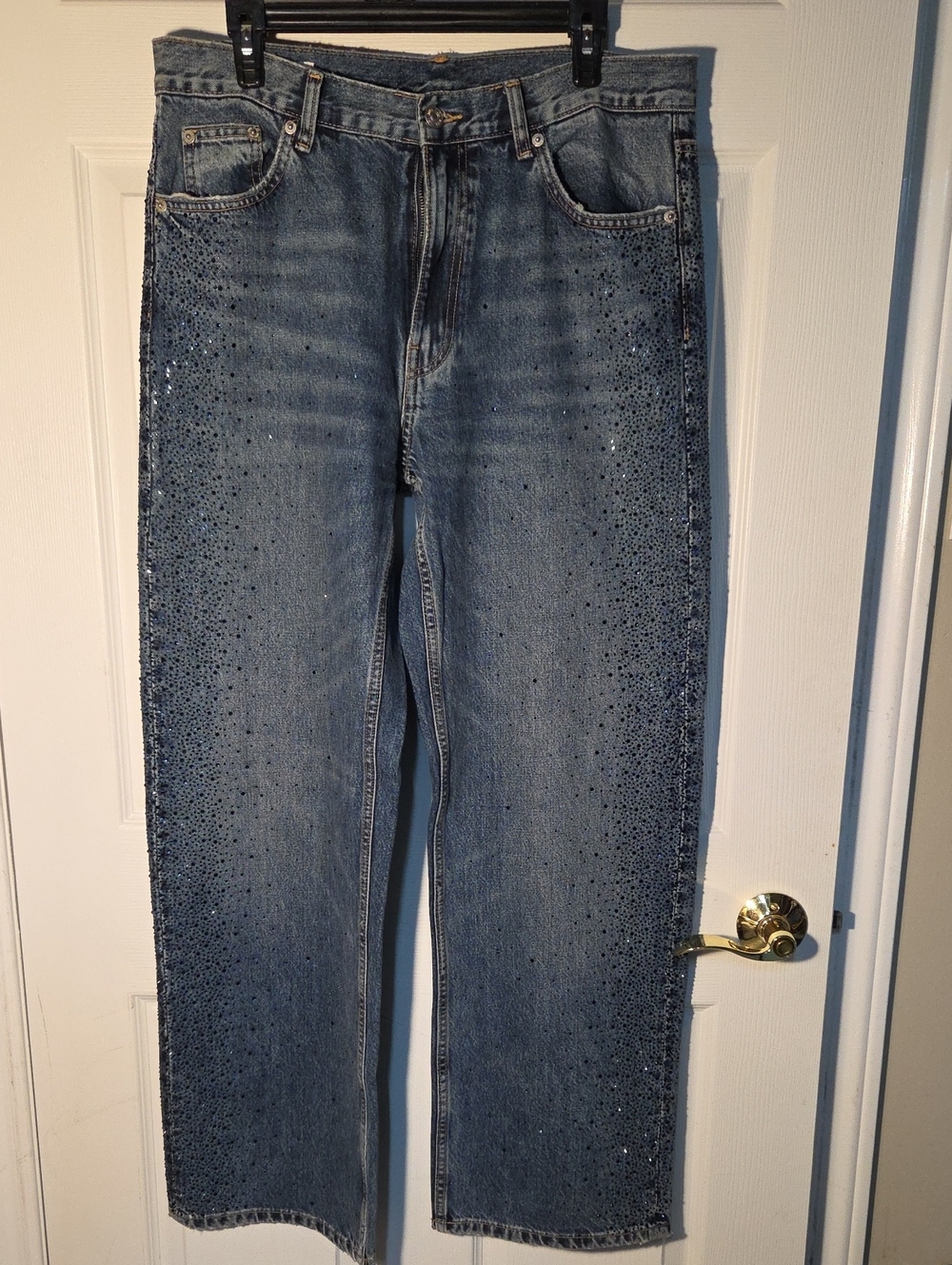Zara Blue Wide-Leg Jeans with Side Rhinestone Detail Tall Sz 12